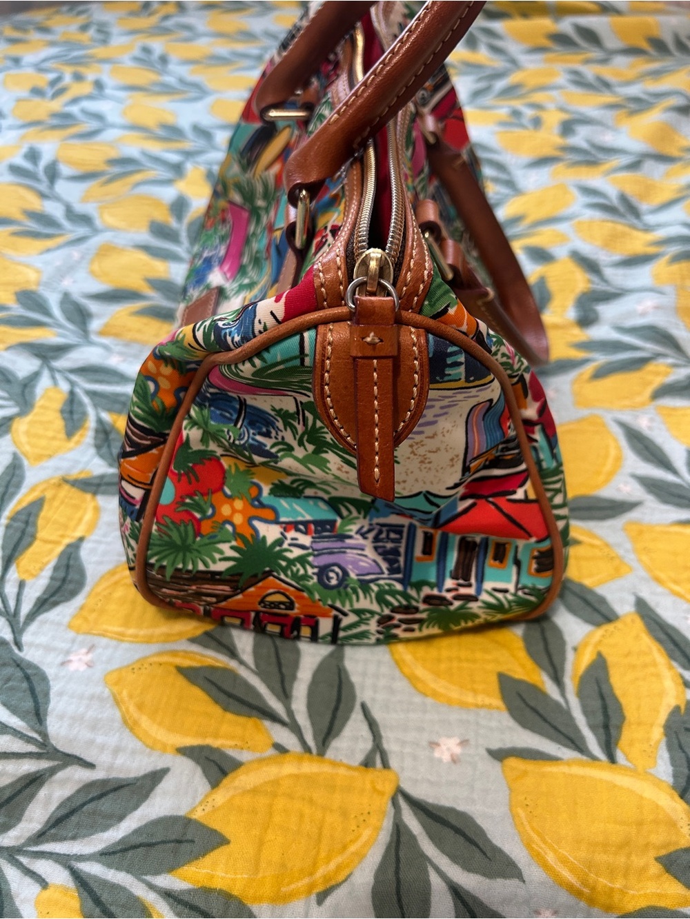 Dooney & Bourke Barrel bag Multicolor Tropical Print Satchel with Brown Handles - Picture 6 of 14
